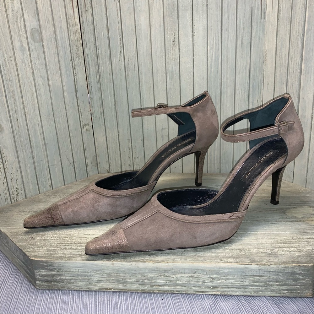 Flawless Studio Pollini Grey Gold Suede heels 37.5. Made in Italy.